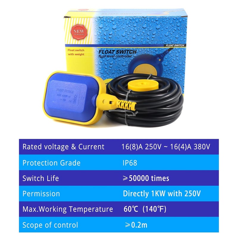 Mamfous Float Switch, 220V 16A Waterproof Tethered Float Switch & Liquid Level Controller with Cable for Water Tank, Sump Pump, Septic Tank, Pool, Pond, Aquarium(26.24ft(8M)) - Image 3